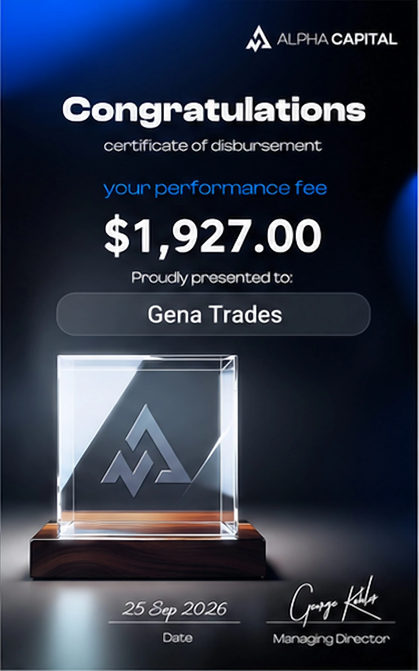 Payout documentado de Alpha Capital