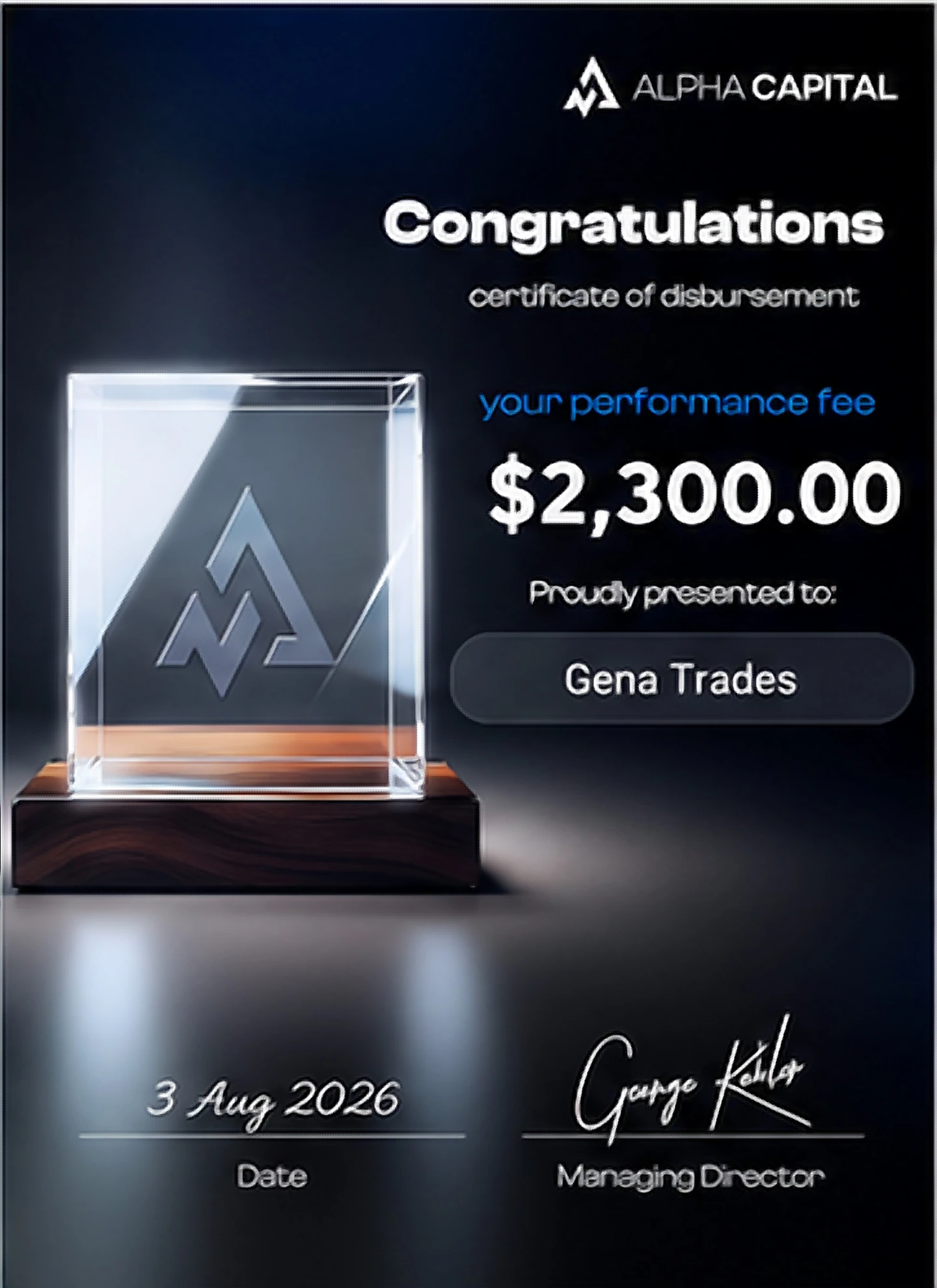 Payout documentado de Alpha Capital