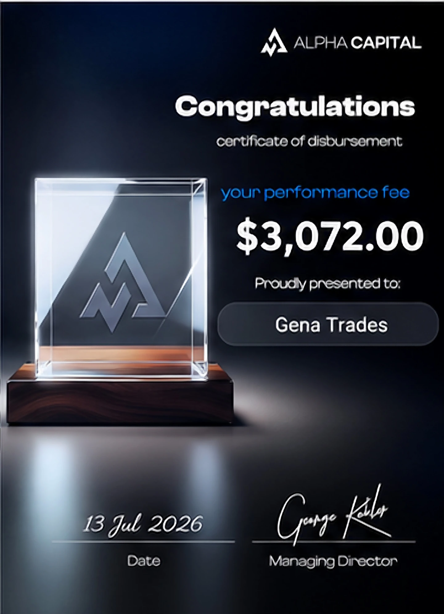 Payout documentado de Alpha Capital